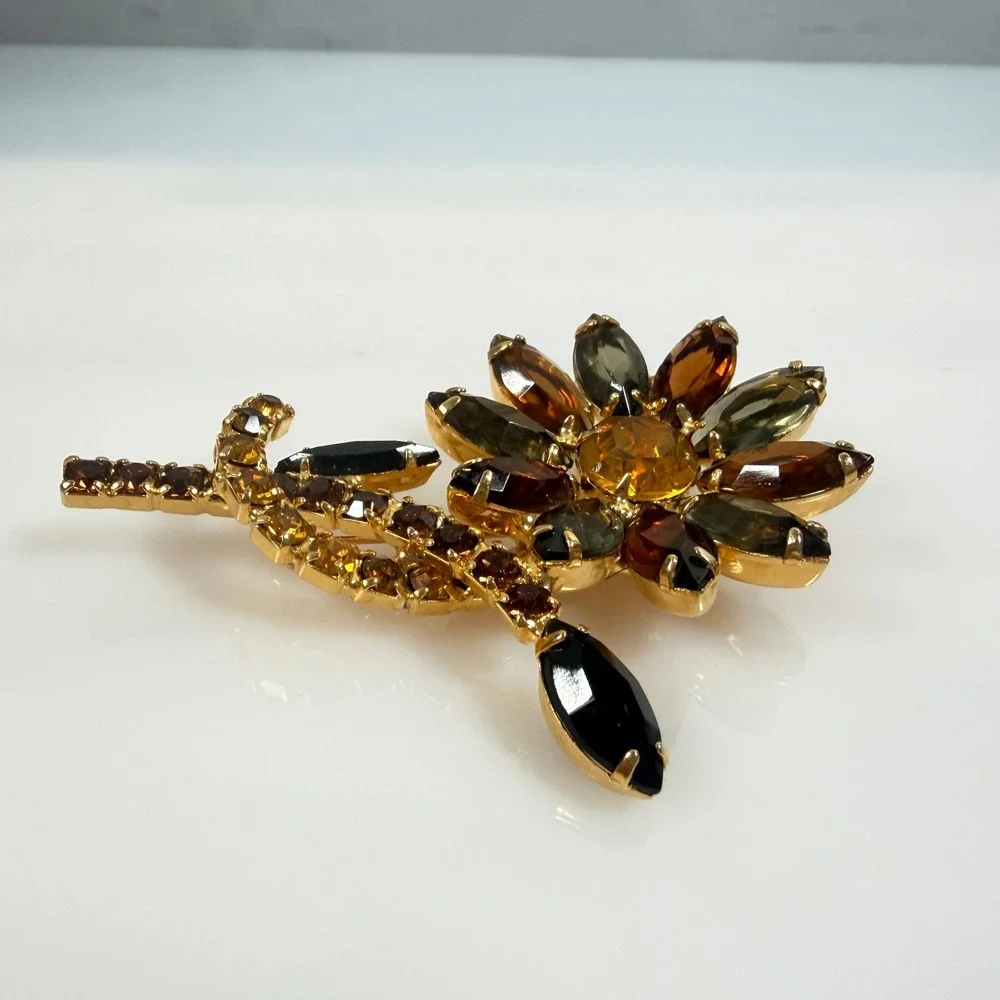 Vintage Flower Brooch Gold Tone Amber Brown Rhinestone Open Back 3 Inch Floral